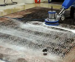 Professional rug cleaning with a rotary floor machine and shampoo foam, deep-cleaning an area rug, in Seattle, WA.