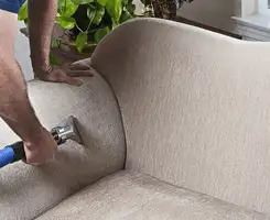 Professional upholstery cleaner deep-cleaning a fabric sofa with a handheld extraction tool and hose in Seattle, WA.